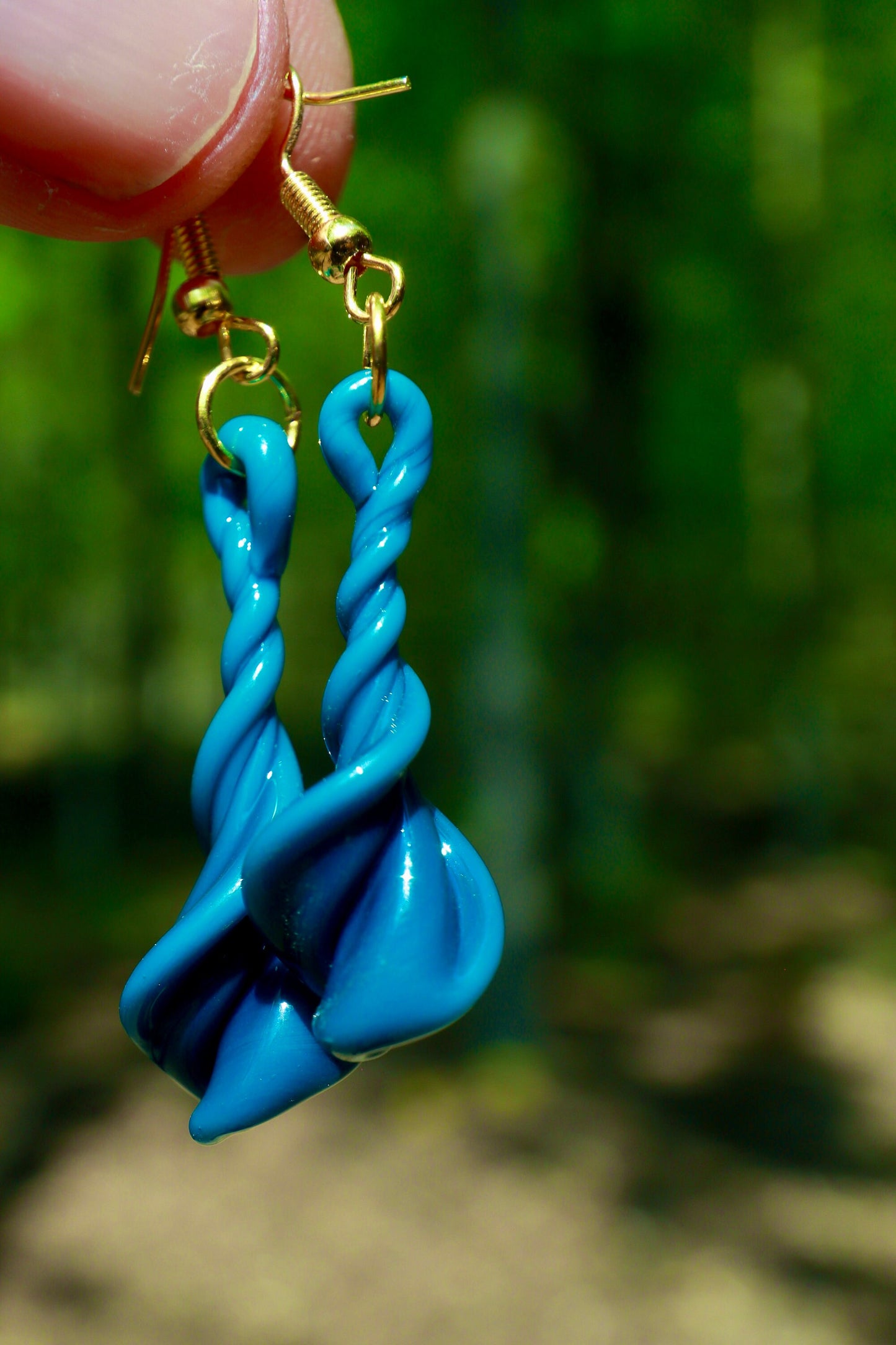 Aqua Teal Fire Twist Blown Glass Drop Earrings - Handmade Hypoallergenic Colorful Jewelry | Art By Aaron Dye