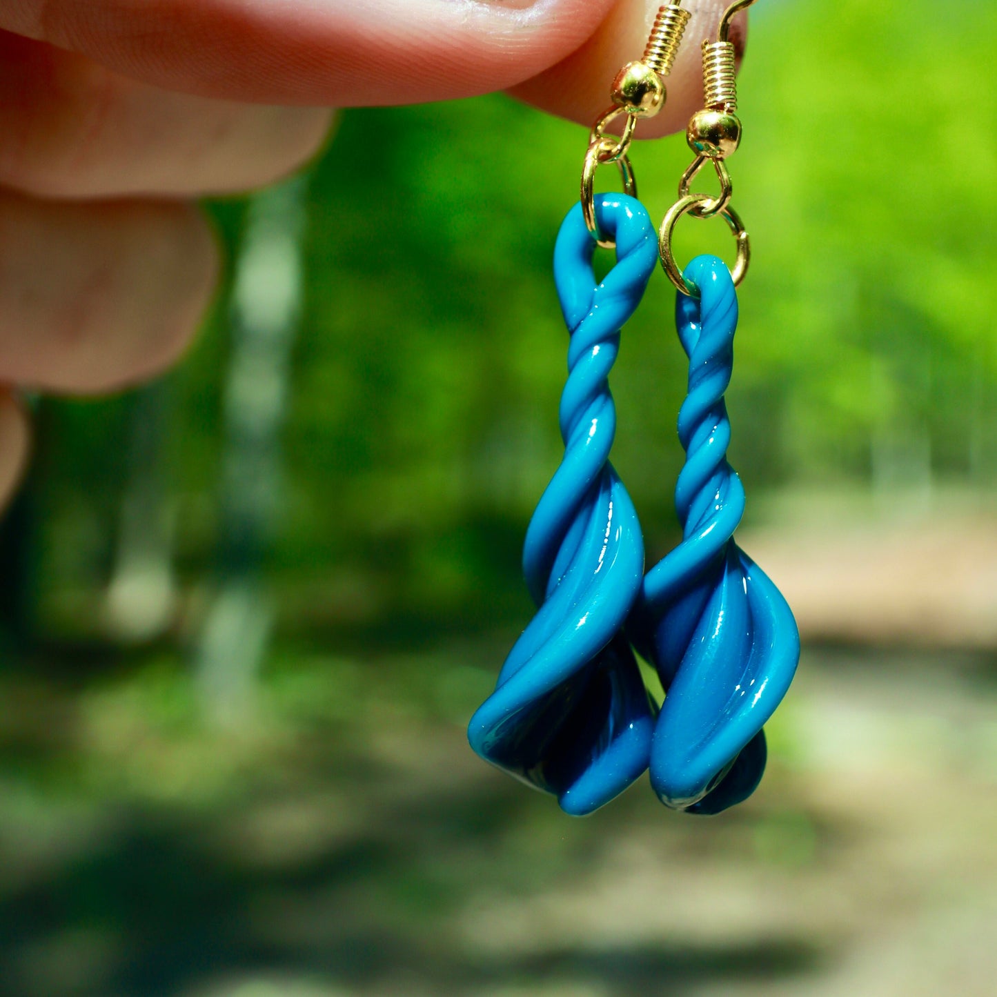 Aqua Teal Fire Twist Blown Glass Drop Earrings - Handmade Hypoallergenic Colorful Jewelry | Art By Aaron Dye