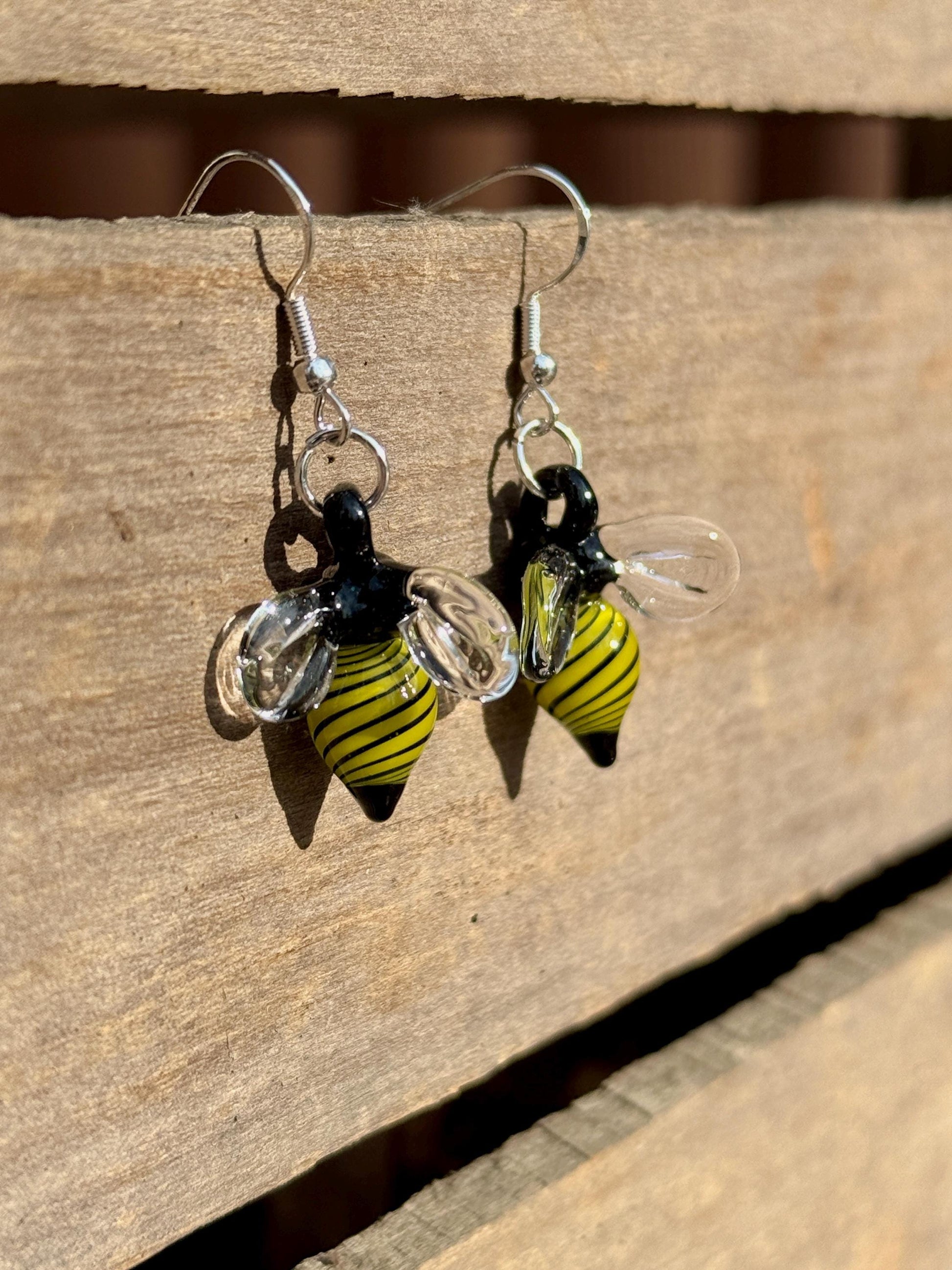 Blown Glass Honey Bee Drop Earrings - Handmade Jewelry | Art By Aaron Dye