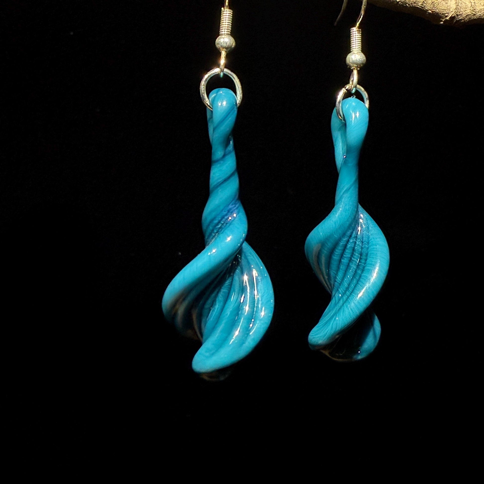 Aqua Teal Fire Twist Blown Glass Drop Earrings - Handmade Hypoallergenic Colorful Jewelry | Art By Aaron Dye