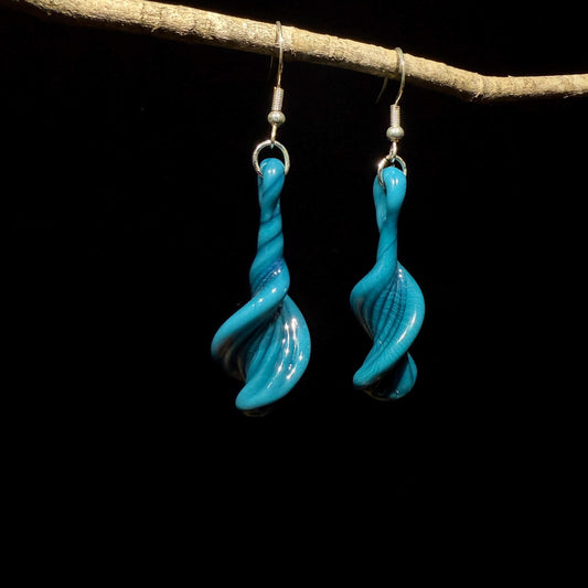 Aqua Teal Fire Twist Blown Glass Drop Earrings - Handmade Hypoallergenic Colorful Jewelry | Art By Aaron Dye