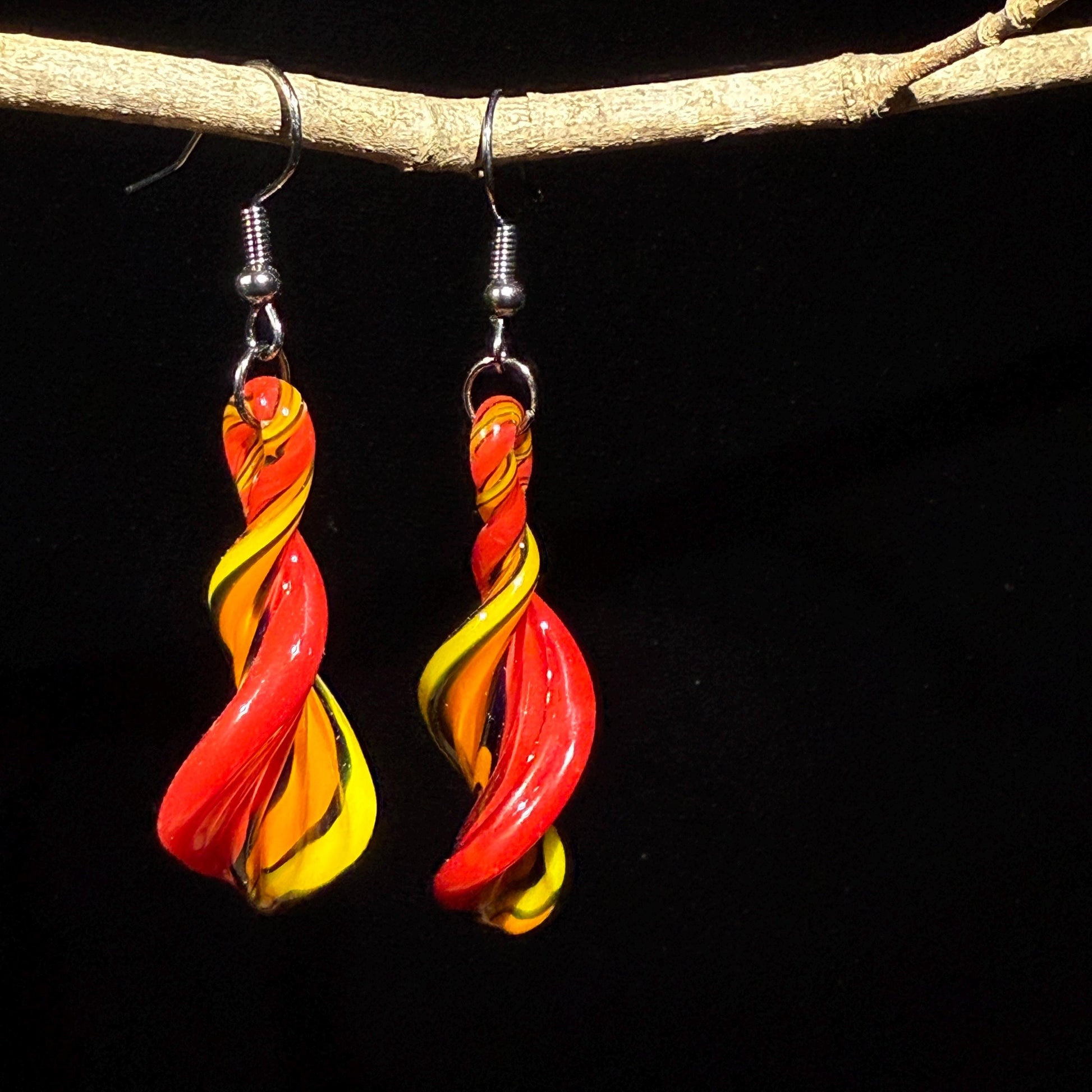 Fire Twist Blown Glass Drop Earrings - Handmade Hypoallergenic Colorful Jewelry | Art By Aaron Dye