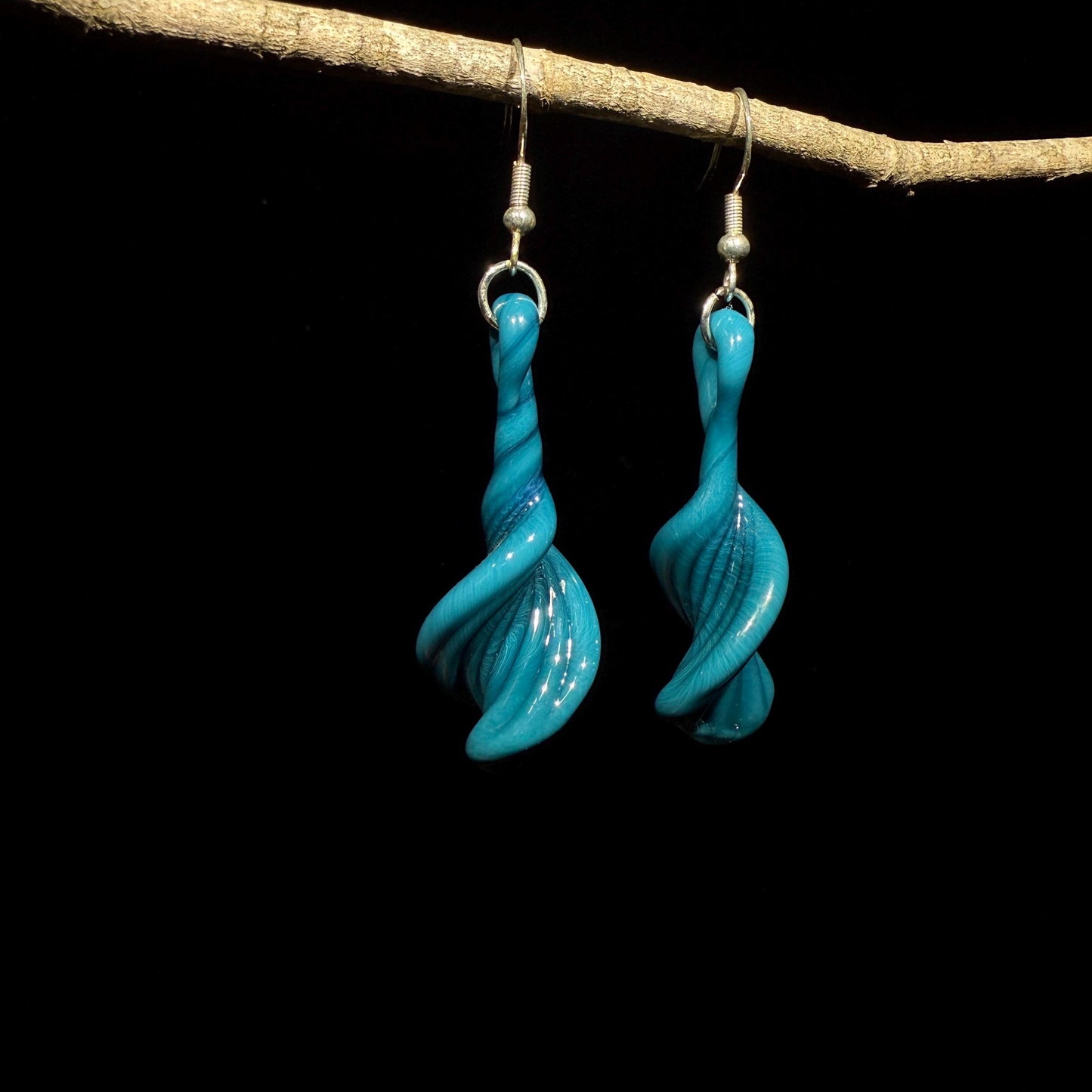 Aqua Teal Fire Twist Blown Glass Drop Earrings - Handmade Hypoallergenic Colorful Jewelry | Art By Aaron Dye