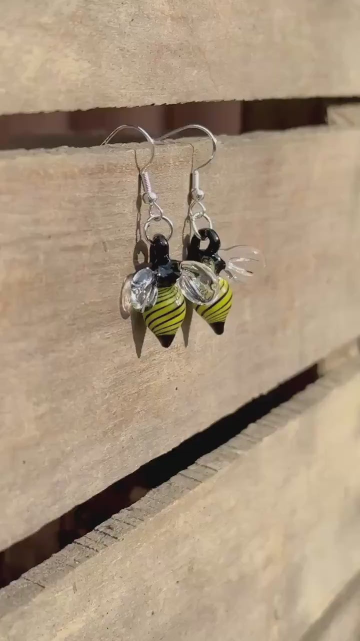 Blown Glass Honey Bee Drop Earrings - Handmade Jewelry | Art By Aaron Dye